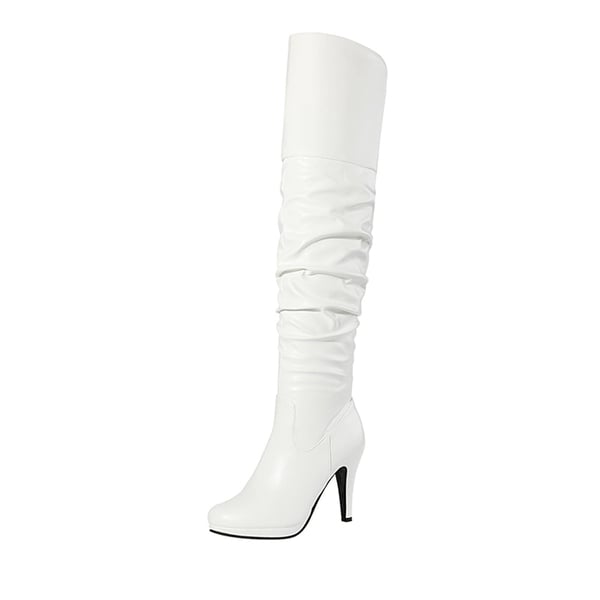 Over The Knee Chunky Heel Boots - WHITE PU -  0